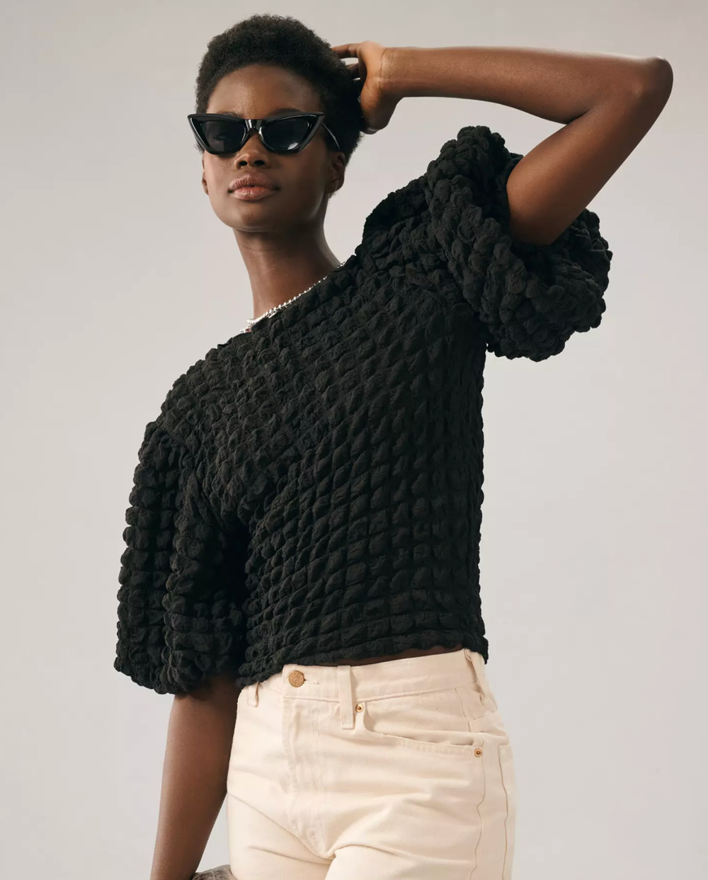 Anthropologie Eri + Ali Textured Square Bright Green Top Puff Sleeves Blouse XS